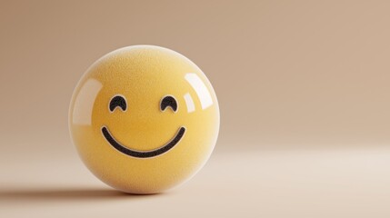 Glossy Yellow Smiley Face Ball with Grainy Texture and Reflected Light on Beige Gradient Background Representing Positive Emotion and Symbolic Expression of Happiness