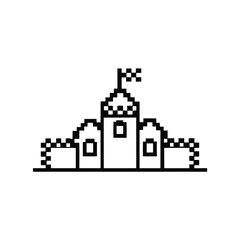 Pixelated castle stands boldly with its flag displayed on the tower in monochrome scheme