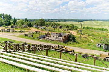  Minsk region, Belarus, July 12, 2025. A field with a dilapidated fake village on the Stalin Line.                              