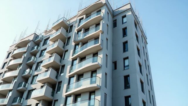 Construction of a modern building in the city. Facade of multistory apartment house with plastic windows in the city. Building of a new architecture concept.