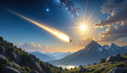 Comet streaks across a mountainous landscape at sunrise