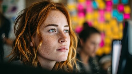 Fototapeta premium Young woman with red hair and freckles thoughtfully looking away in a vibrant, modern office setting