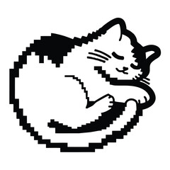 Pixelated sleeping cat curled up in a circular shape with closed eyes rests peacefully
