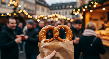 Hand holding a fresh pretzel at a festive winter market  