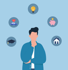 A thoughtful figure surrounded by icons of life choices—ideas, finance, home, education, and health—reflecting personal decision-making.
