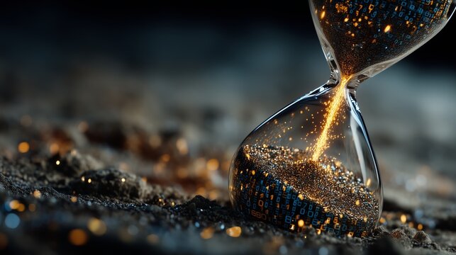 Hourglass with Flowing Binary Code and Glowing Particles Representing Digital Passage of Time, Conceptual Data Stream and Symbolic Transition in Technological Environments