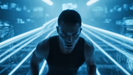 Athlete sprints high-tech track surrounded by holographic data displays and digital analytics. - Powered by Adobe