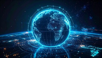 Digital Earth: Glowing Blue Globe with Network Connections and Starry Background