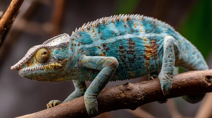 Obraz premium A vibrant blue chameleon climbs a branch, showcasing intricate textures and patterns.