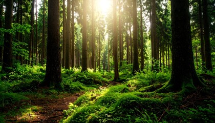 Obraz premium Lush Forest Sunlight Path