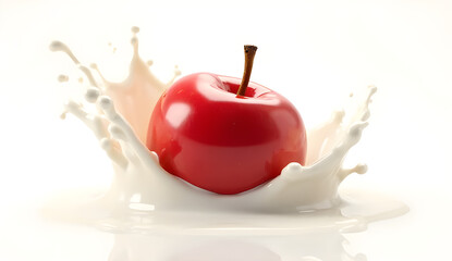 red apple in milk splash, vibrant ref apple covered with milk, vibrant red apple on white background, advertising of summer fruit 