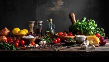 Still life of fresh food ingredients on a rustic wooden table