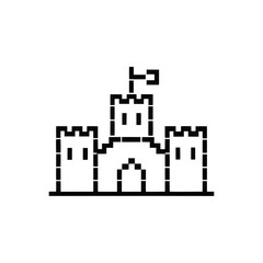 Simple black outlined castle stands with a flag on top against white space