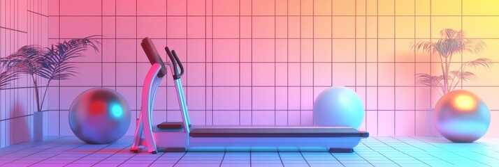 Fitness space with treadmill and exercise equipment in vibrant pastel colors highlighting a modern workout environment