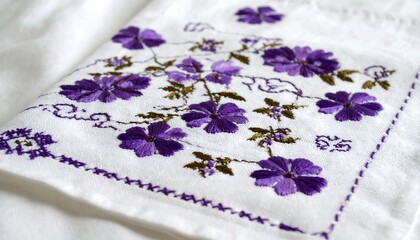 Floral embroidery on white fabric
