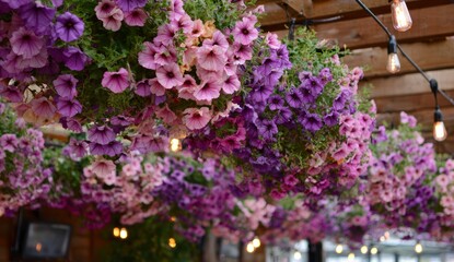 Hanging baskets of purple and pink flowers