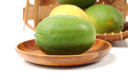 Green mango on wooden plate