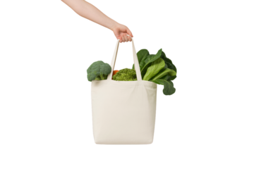 Arm holding a reusable grocery bag filled with fresh food