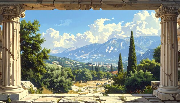 A picturesque vista of a valley nestled amongst towering mountains, framed by ancient, weathered columns.