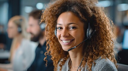 Smiling customer service representative with headset ready to assist with a friendly professional demeanor