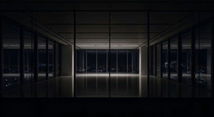 Dark eerie empty office with a stunning city night view