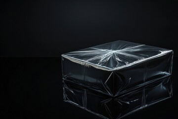 Wrapped package resting on a reflective surface with dark background and soft lighting