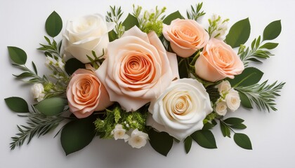 Obraz premium Beautiful Floral Bouquet Featuring Peach And White Roses Arranged With Greenery On A White Surface