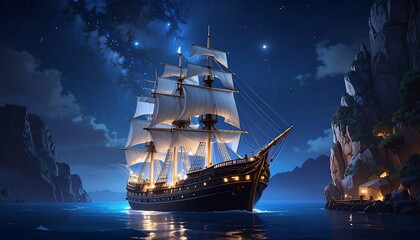 A grand sailing vessel navigates tranquil, starry waters under a celestial night sky, illuminated by soft ambient light.