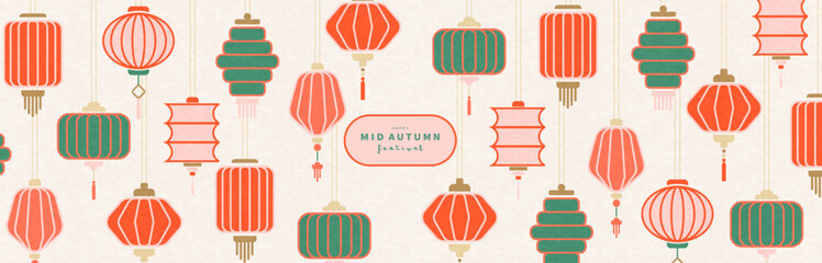 Greeting card for Mid Autumn Festival. Traditional Chinese lanterns in different shapes. Chinese New Year cover background vector.