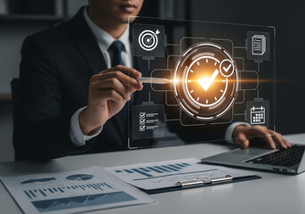 Businessman using digital technology for project management, task completion, and goal achievement.