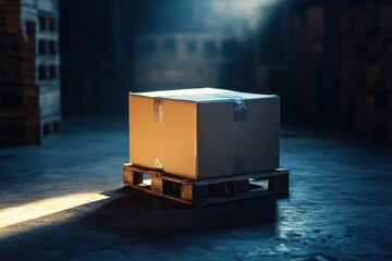 Spotlight on a cardboard box resting on a wooden pallet in a dimly lit warehouse during the evening