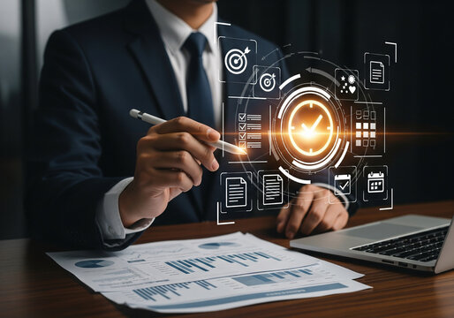 Businessman using digital technology for project management and time tracking