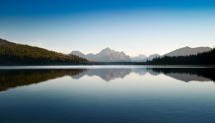 Fototapeta premium Minimalist Artwork Of A Serene Lake With Distant Mountain Reflections