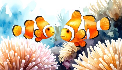 Two clownfish near anemones.  Watercolor style