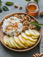 Delicious plate of fresh cottage cheese, sliced apples, walnuts, and honey served on a wooden platter in a cozy kitchen setting