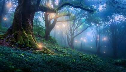 Enchanted Misty Forest With Majestic Tree And Glowing Lights Amidst Lush Greenery