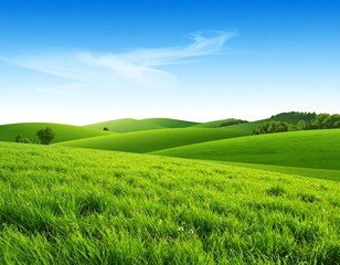 Fototapeta premium Lush green rolling hills bathed in sunlight, a tranquil pastoral scene under a clear blue sky.