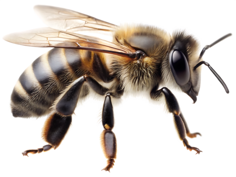 Detailed macro photograph of a honey bee isolated on white background