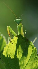 Green mantis on a leaf in sunlight