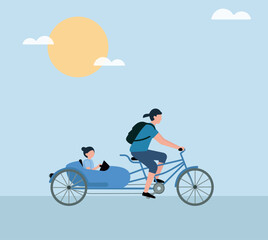 Obraz premium Wholesome ride under the sun—family, freedom, and feline friendship captured in a playful, minimalist moment of joy.