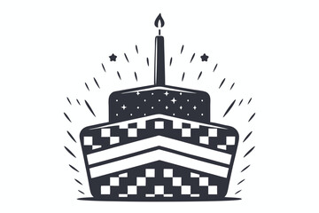 Stylized monochrome birthday cake showcases a lit candle, stars, and a decorative square pattern