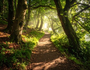 Fototapeta premium A sun-drenched forest path winds through lush greenery, bathed in morning light.