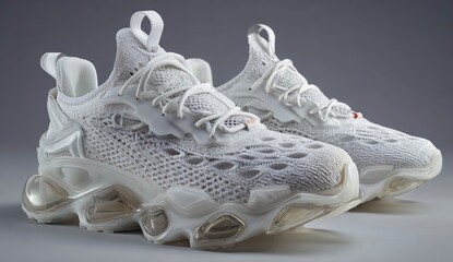 Pair of white knitted athletic shoes