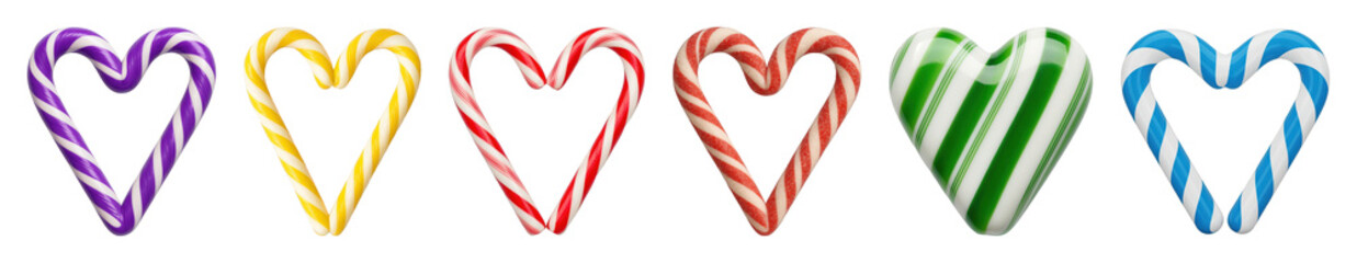 Candy cane heart set including purple, yellow, red, green, and blue striped variations isolated. Festive holiday and sweet treat collection.