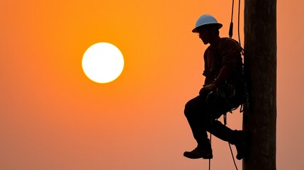 Lineman silhouetted against an orange sunset working on a utility pole. Risk and safety concept for professional electrical worker.