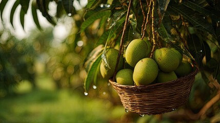 Sunlit green mangoes in wicker basket