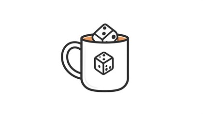 A white mug filled with a warm beverage, topped with dice-shaped ice, sits against a plain background.