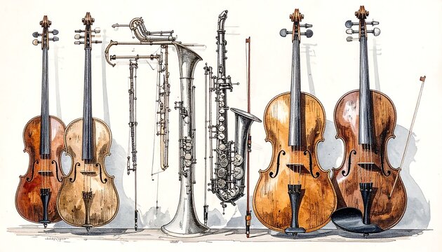 Watercolor painting of string and wind instruments