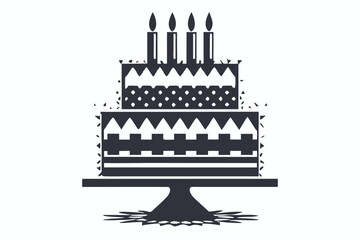 Two tier monochrome cake featuring four lit candles is displayed on a stand