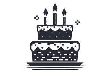 Two tiered cake with three burning candles sits elegantly on plate
